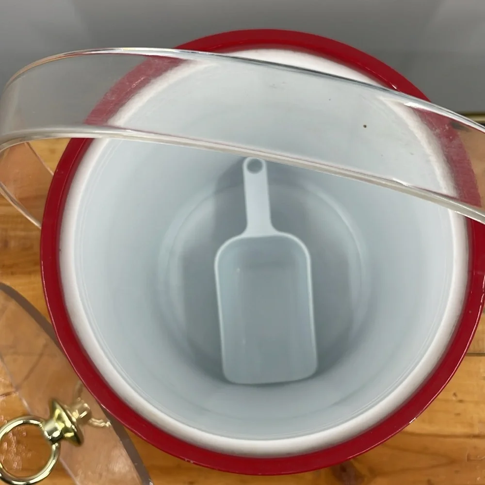 Vintage 60’s Red Mid Century Ice Bucket w/ Scoop Mod Acrylic Handle Barware